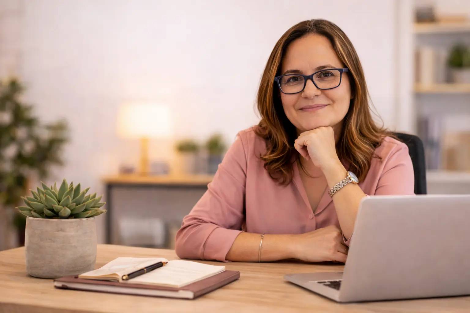 Coach profesional trabajando en su escritorio en un espacio cálido y tranquilo, lista para acompañar procesos de coaching personal online.