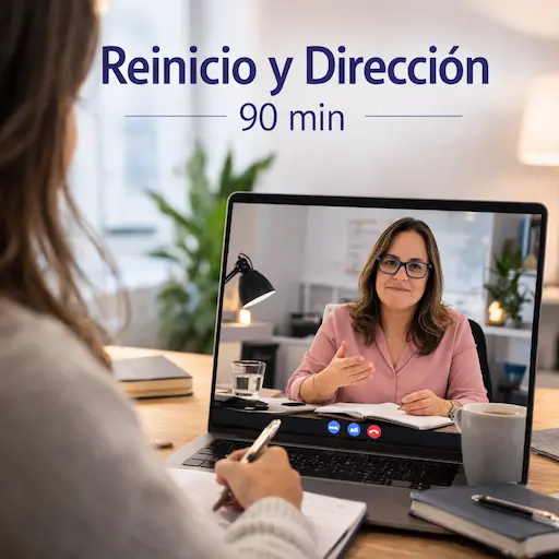 Sesión de coaching online de 90 minutos para reiniciar, tomar claridad y definir una nueva dirección personal o profesional.